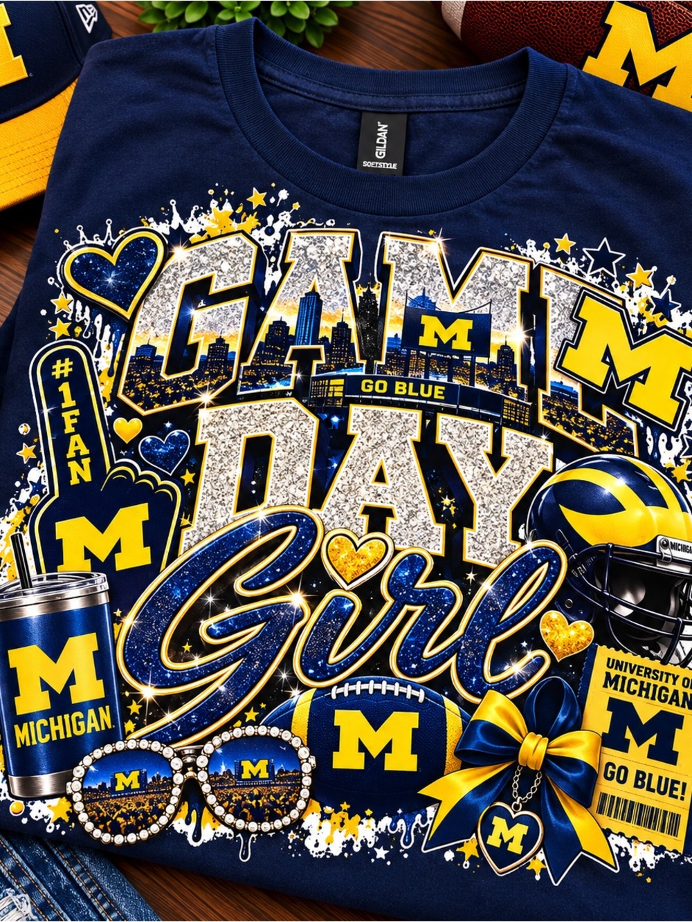 Gildan Navy and Yellow 'Game Day Girl' University Graphic Tee